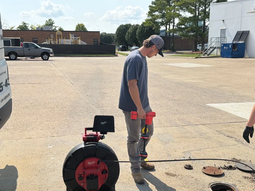 A 100 Percent Plumbing technician running a Milwaukee sewer inspection camera and Ridgid line locator at a commercial cleanout in Nashville