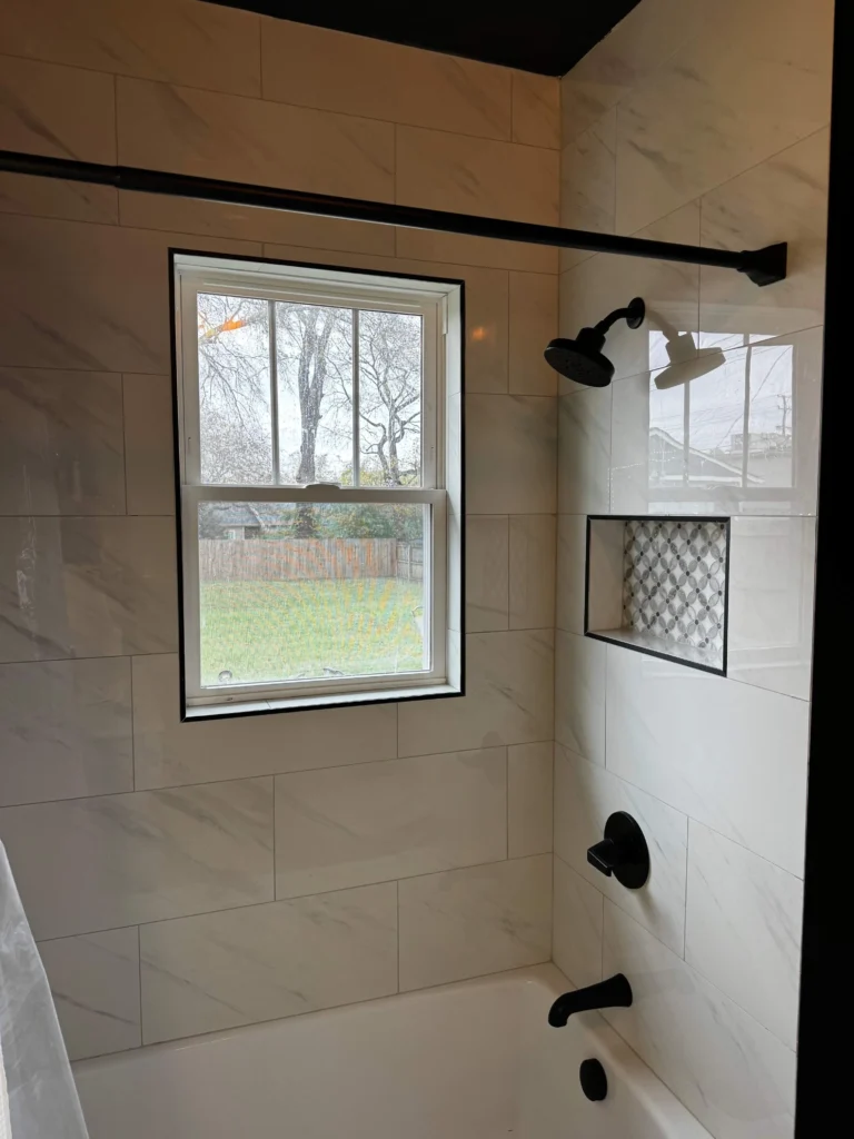 Tiled shower under construction in a Nolensville bathroom