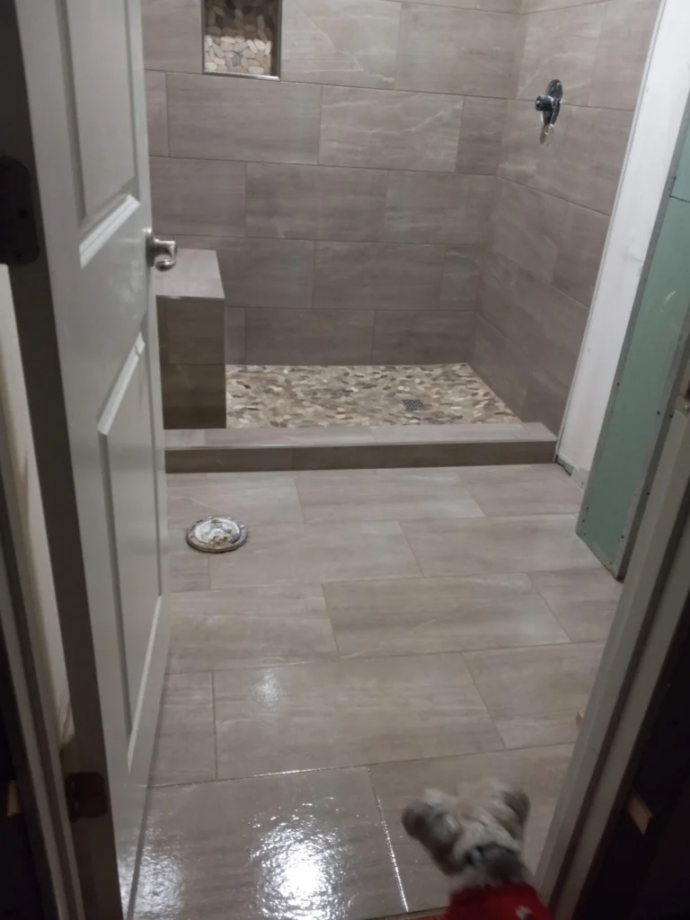 Finished tiled walk-in shower from a Brentwood bathroom remodel